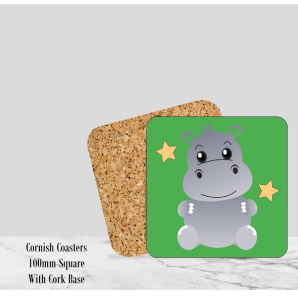 Green Happy Hippo Coaster 4" Square With Cork Base