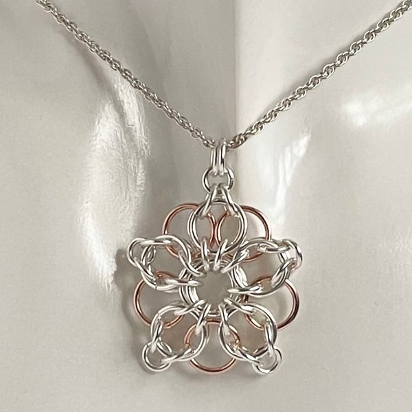 Sterling Silver Rose Gold Two Tone Chainmaille Pendant