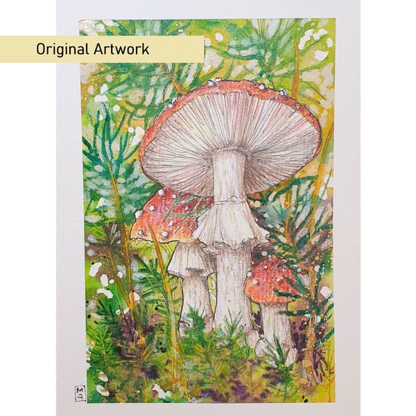 Fly Agaric mushrooms, small watercolour and mixed media painting, artwork