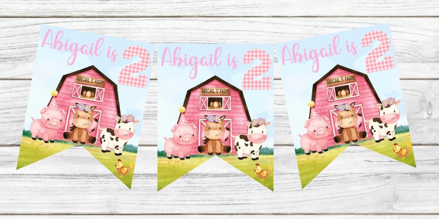 Pink Farm Themed Personalised Happy Birthday Bunting 