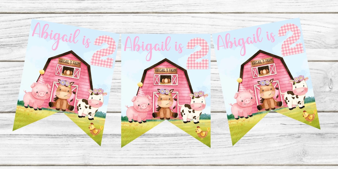 Pink Farm Themed Personalised Happy Birthday Bunting 