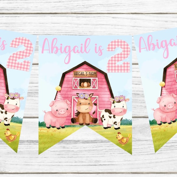 Pink Farm Themed Personalised Happy Birthday Bunting 