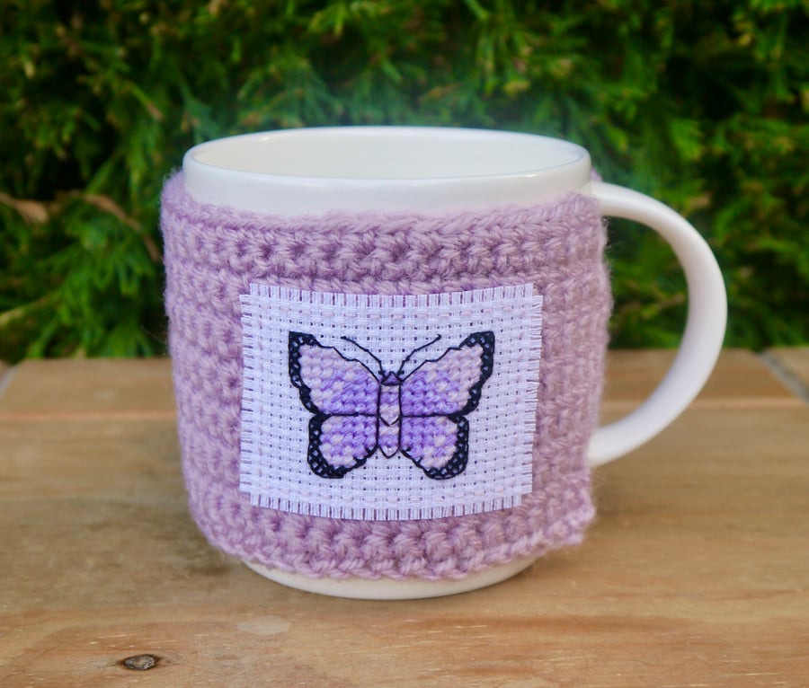 Purple Butterfly Mug Cosy, Cross Stitch and Crochet Mug Hug