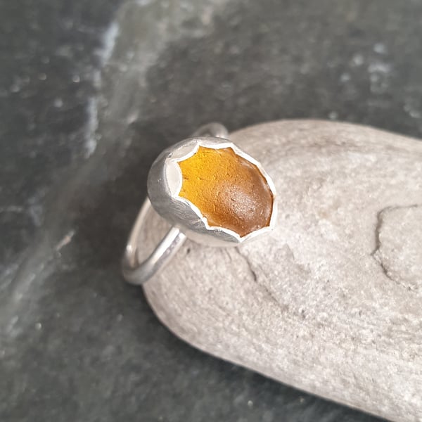 Yellow sea glass ring, Size M, Scalloped edge ring