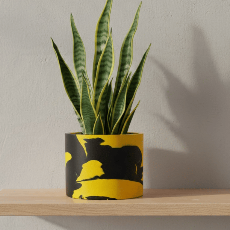 Black and Yellow 15cm Marbled Round Plant Pot  - Large Indoor Planter 