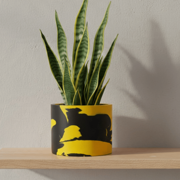 Black and Yellow 15cm Marbled Round Plant Pot  - Large Indoor Planter 