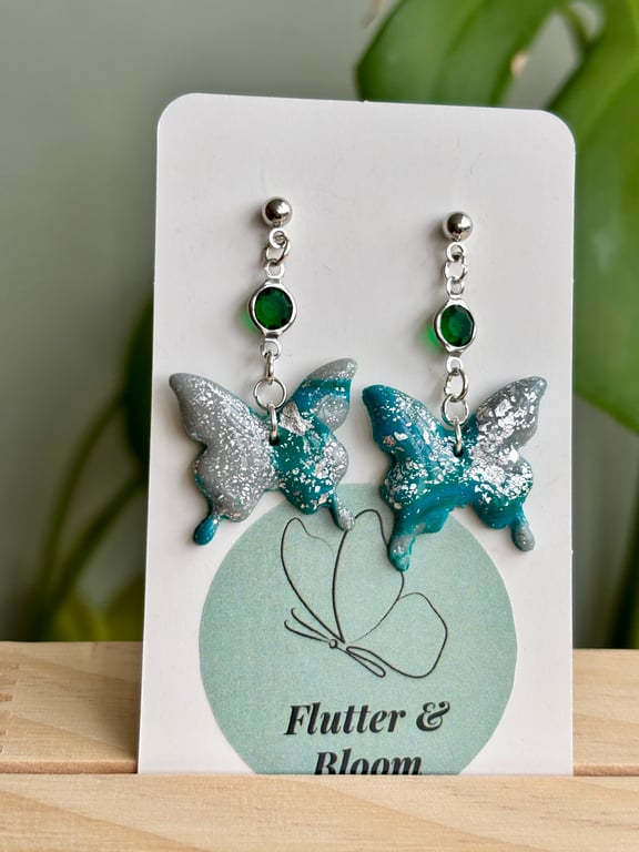 Teal Glitter Butterfly Earrings with Green Gemstone — Handmade Nature-Inspired D