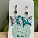 Teal Glitter Butterfly Earrings with Green Gemstone — Handmade Nature-Inspired D