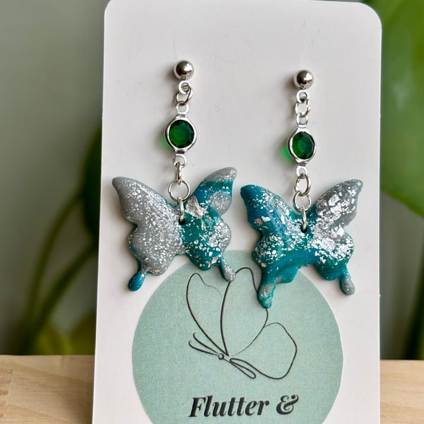 Teal Glitter Butterfly Earrings with Green Gemstone — Handmade Nature-Inspired D