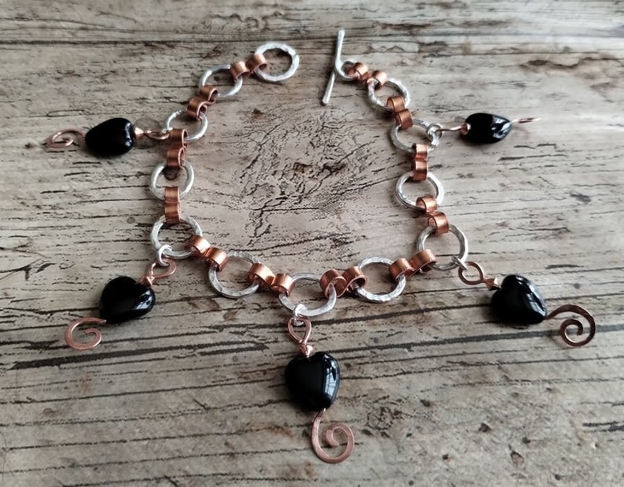 Silver Copper Two Tone Black Glass Heart Charm Gothic Bracelet