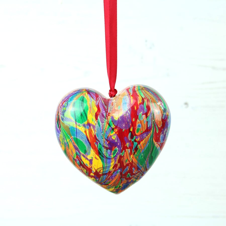 Rainbow hanging marbled ceramic heart decoration 