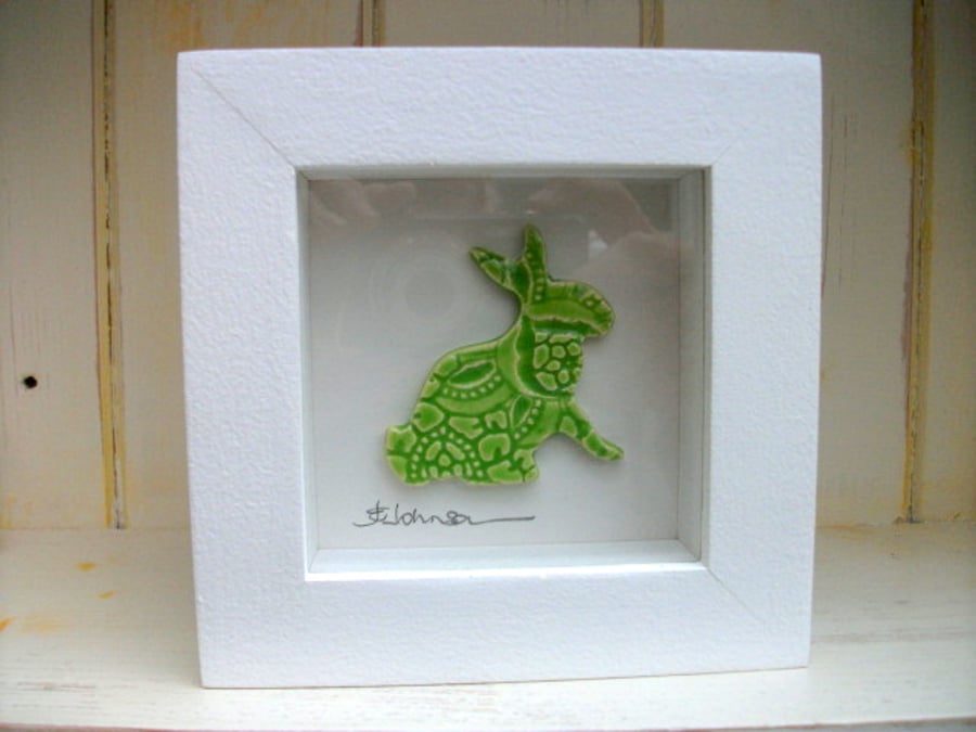 SALE -Ceramic bunny picture impressed with vintage lace Easter Bunny  