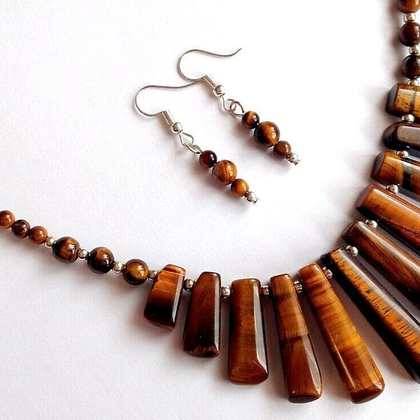 Brown Tiger's Eye Necklace & Earrings Gift Set Tapered Chunky Gemstone