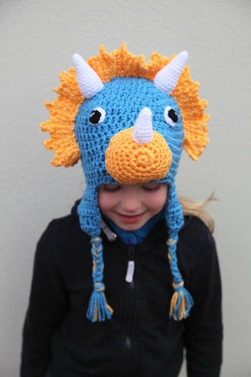 Crochet Triceratops hat, toddler, child, adult hat sizes