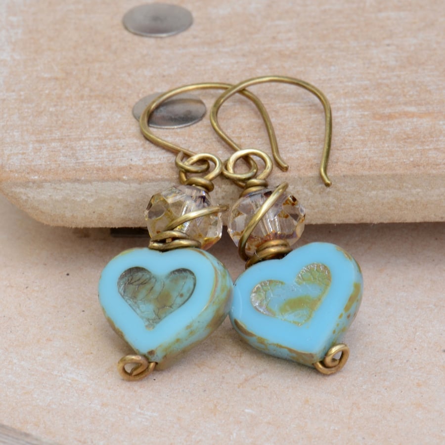 Handmade Brass Earrings with Blue Czech Heart and Champagne Glass Bead