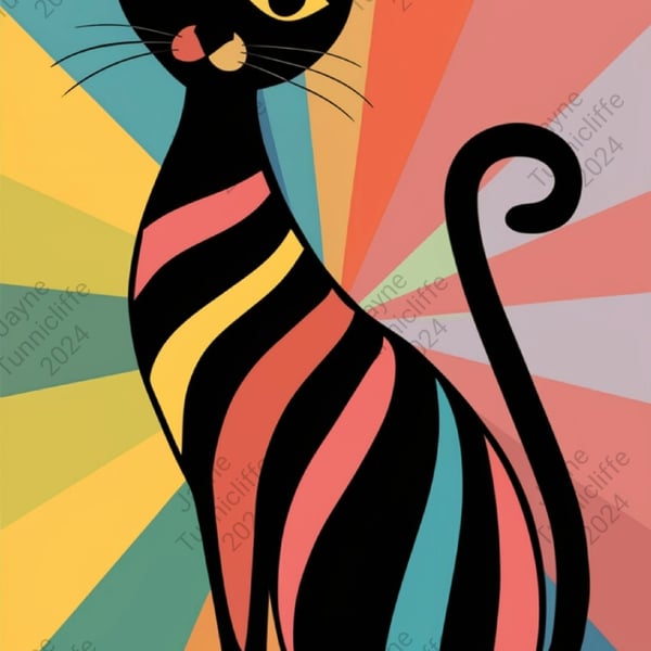 10 x 8 inch ltd edition art print - mid century modern cat free shipping in UK