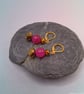 Fuchsia Glass Bead and Gold Crystal Earrings, Hot Pink Earrings, Earrings  - Image 2