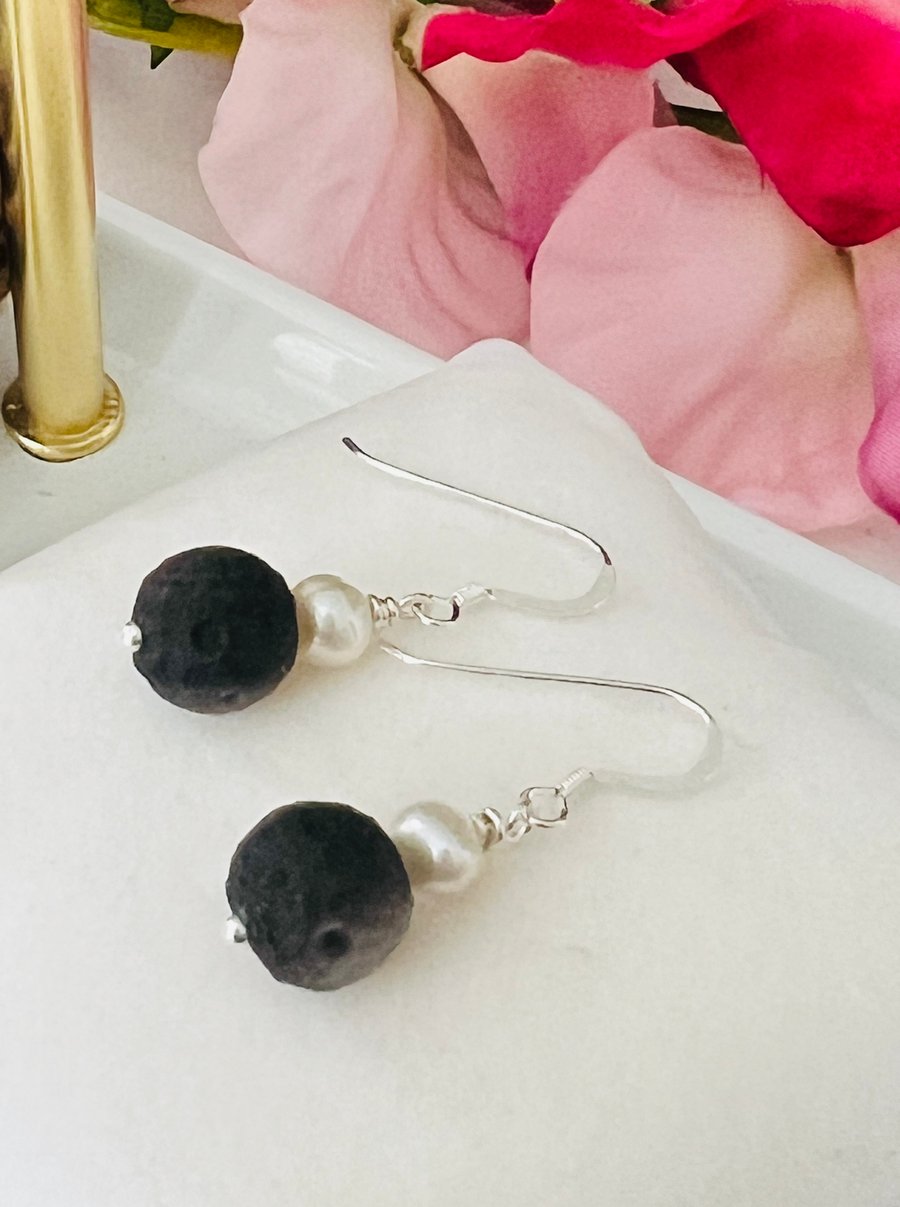 Moon Carved Silver Obsidian & FWC Pearl Sterling Silver Earrings 