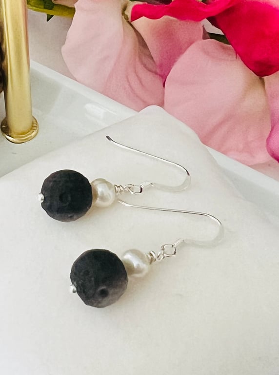 Moon Carved Silver Obsidian & FWC Pearl Sterling Silver Earrings 