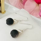 Moon Carved Silver Obsidian & FWC Pearl Sterling Silver Earrings 