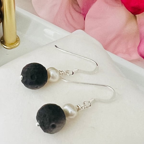 Moon Carved Silver Obsidian & FWC Pearl Sterling Silver Earrings 