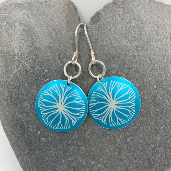 Turquoise circle aluminium tree earrings with silver ring