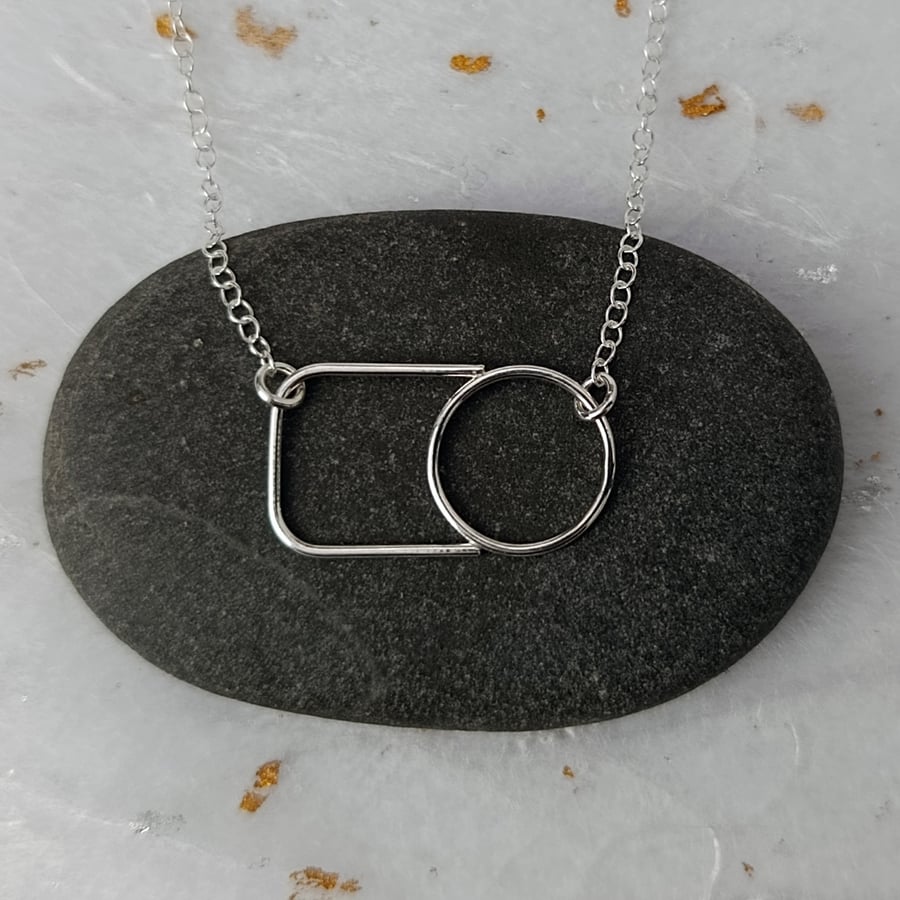 Sterling silver wire circle & square necklace - handmade geometric jewellery 