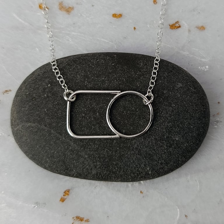 Sterling silver wire circle & square necklace - handmade geometric jewellery 