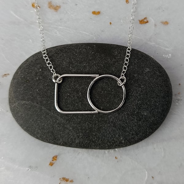 Sterling silver wire circle & square necklace - handmade geometric jewellery 