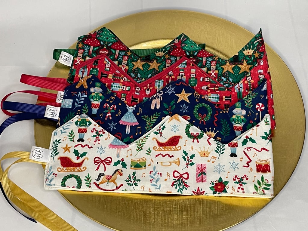Set of 4 Christmas party crowns. Nutcracker-themed fabrics