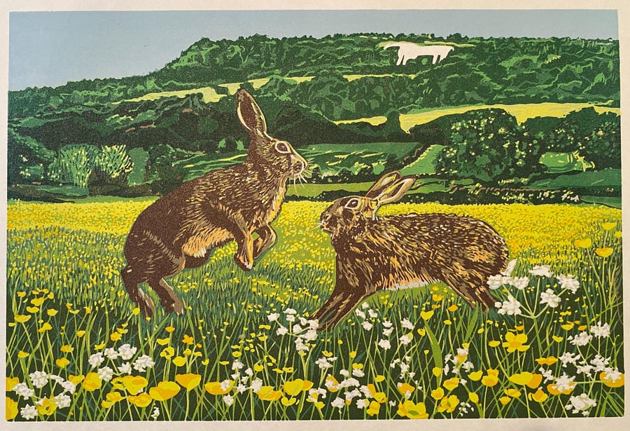 White Horse Hares - Handmade Limited Edition Lino Print 