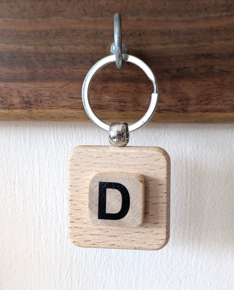 Alphabet letter tile wooden keyring - bagcharm - D