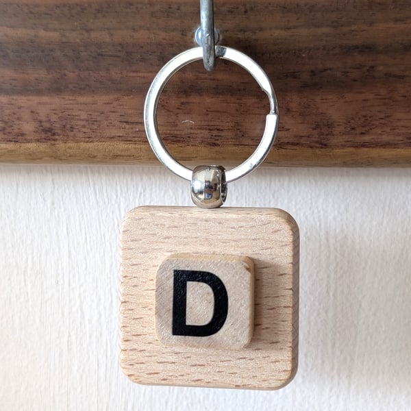 Alphabet letter tile wooden keyring - bagcharm - D