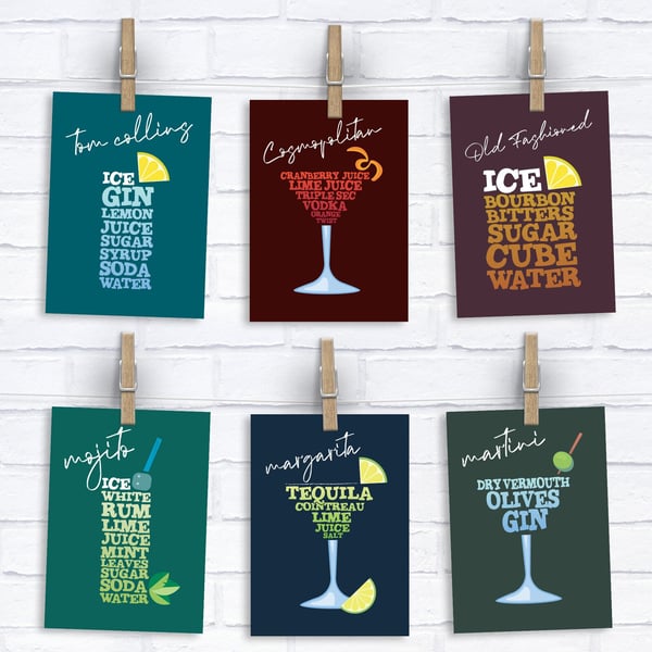 Set of 6 Cocktail Themed Birthday Cards (set 1)