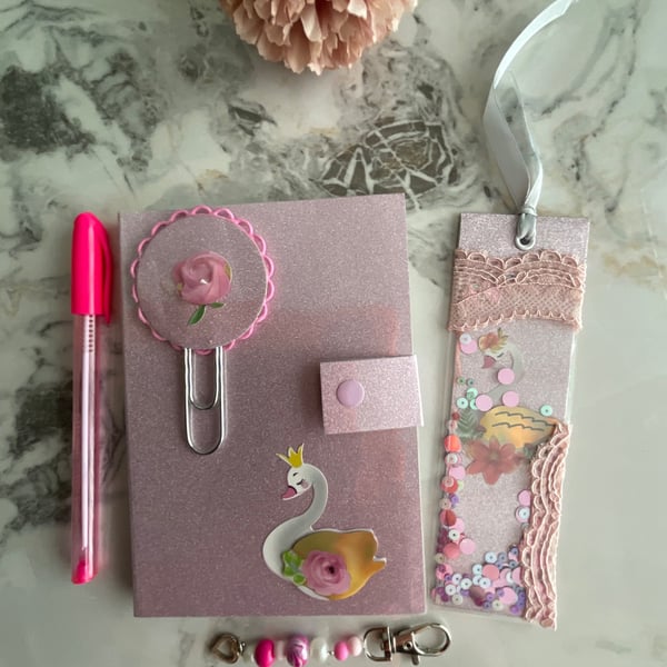 Charming, glittery swan stationery set with matching accessories.