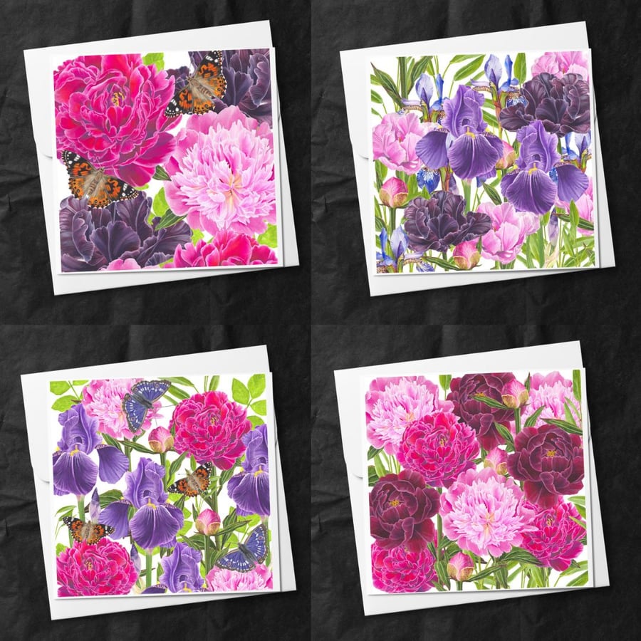 Set of 4 Handmade Spring Floral Fine Art Greeting Cards 