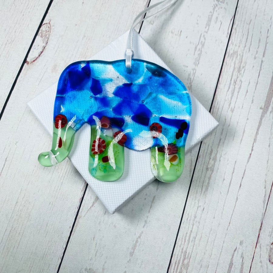 Fused glass cast hanging glass elephant 