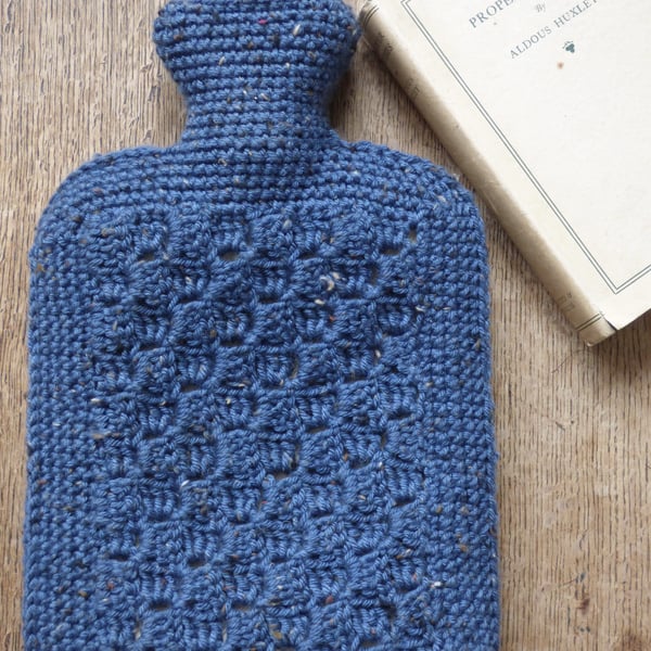 Blue Tweed Crochet Hot Water Bottle Cover with Hot Water Bottle (2 Litre)