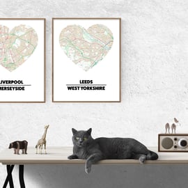 Heart map prints: 70 areas or request your own