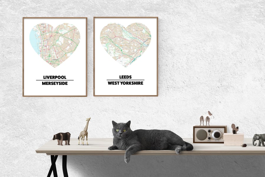 Heart map prints: 70 areas or request your own