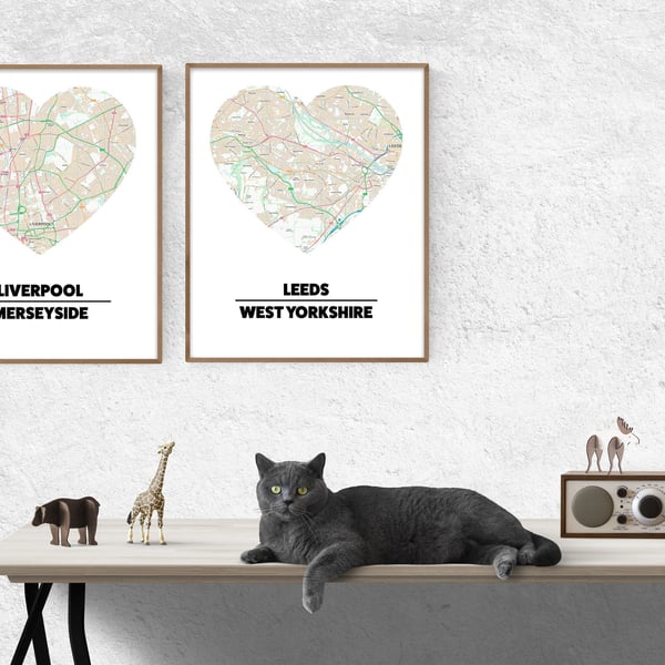 Heart map prints: 70 areas or request your own
