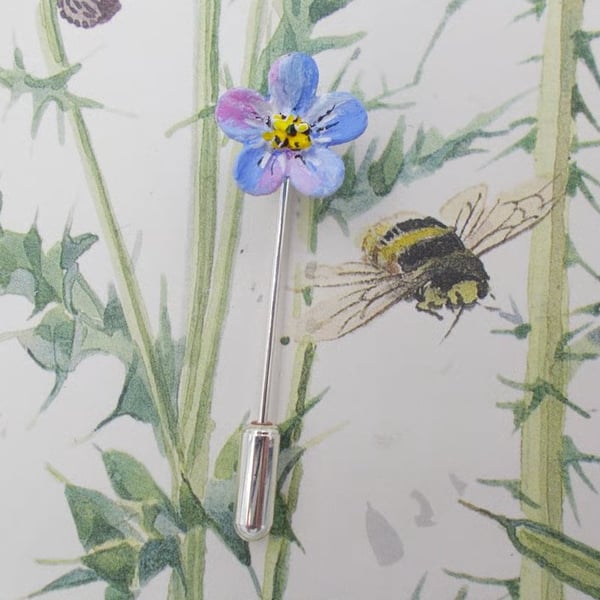 TINY Blue FORGET-ME-NOT PIN : Hand Painted Forget-Me-Not Flower Lapel Brooch