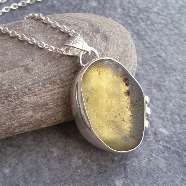 Yellow seaglass pendant, Bright olive sea glass, Oval pendant