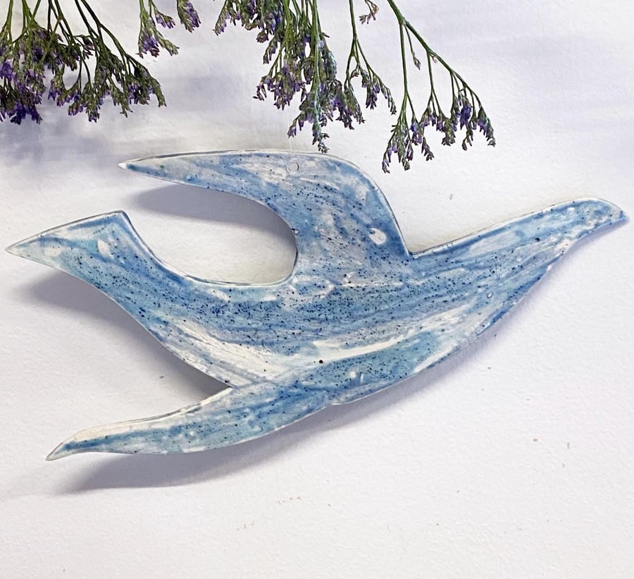 Handmade decorative hanging bird, glazed in shades of blue and white 24cm
