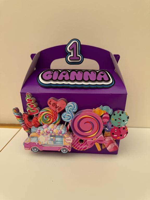 6 Personalised Sweet Candy themed party boxes, party bags 