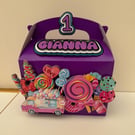6 Personalised Sweet Candy themed party boxes, party bags 