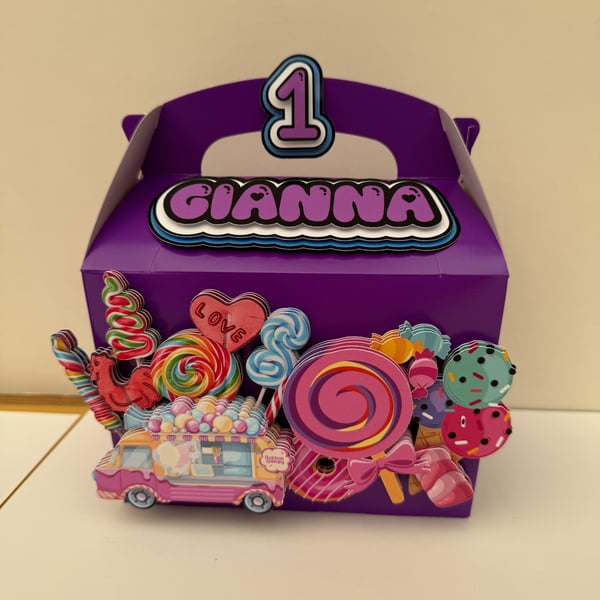 6 Personalised Sweet Candy themed party boxes, party bags 