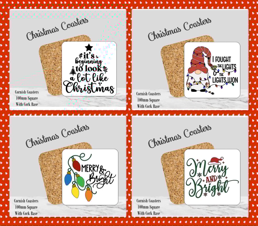 Set of 4 Christmas Coasters  100mm (4" ) Square With Cork Base. Design 1