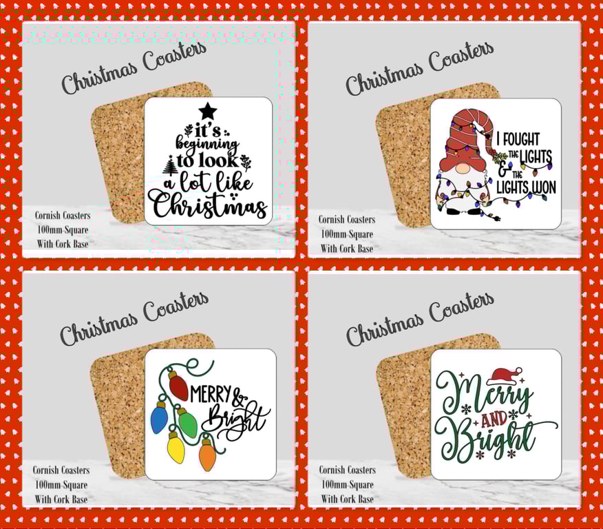 Set of 4 Christmas Coasters  100mm (4" ) Square With Cork Base. Design 1