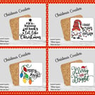 Set of 4 Christmas Coasters  100mm (4" ) Square With Cork Base. Design 1